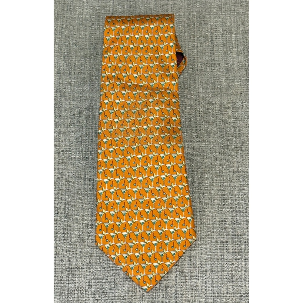 Salvatore Ferragamo Mens Silk Tie Orange Martini Glass Cherry Made in Italy